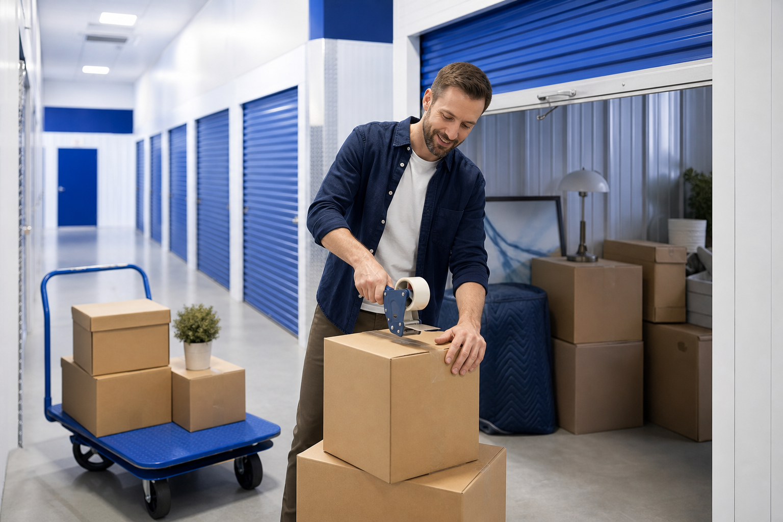 Man taping moving boxes beside a blue indoor storage unit