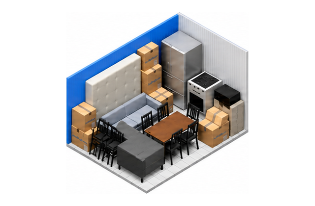 Boxes and furniture arranged inside a 10×15 storage unit
