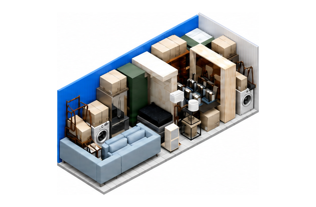 Boxes and furniture arranged inside a 10×20 storage unit