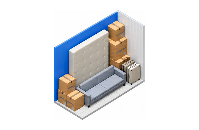 Boxes and furniture arranged inside a 5×10 storage unit