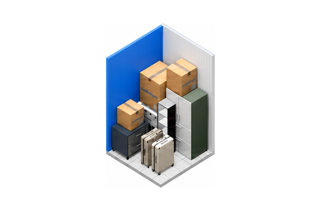 Boxes and furniture arranged inside a 5×5 storage unit